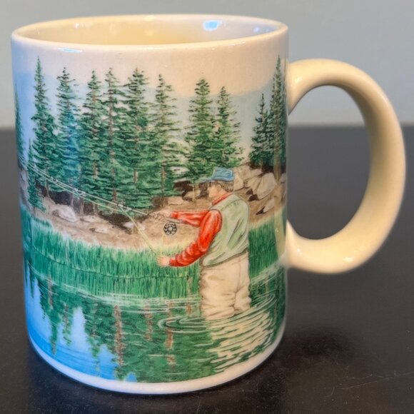 Vintage OTAGIRI Fishing Scene Mug ~ Advantage Collection ~ Art by E J Vermilyea - Picture 1 of 10
